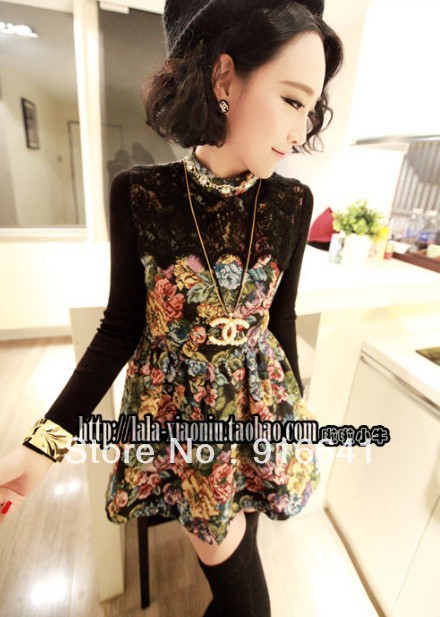 Women Retro Lace Floral  Long Tops Collar Vest Dress  Gold