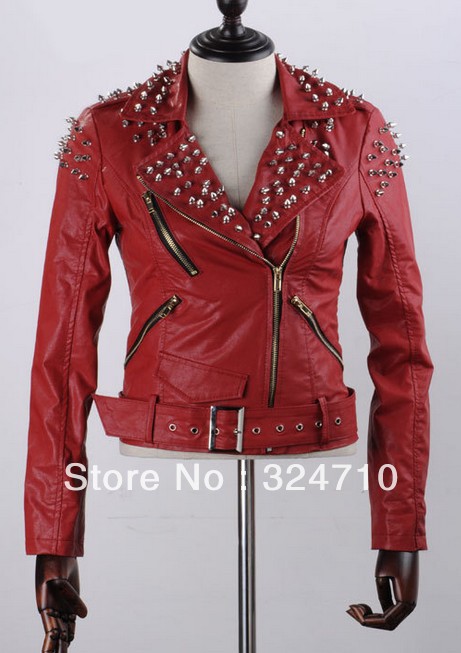 Women Rock Punk Rivets Studded Blazer Coat PU Leather Motorcycle Moto Jacket red black browns whites