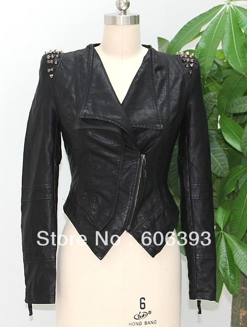 Women Rock Punk Rivets Studded PU Leather Motorcycle Moto Jacket Blazer Coat 2 Colors + Free Shipping