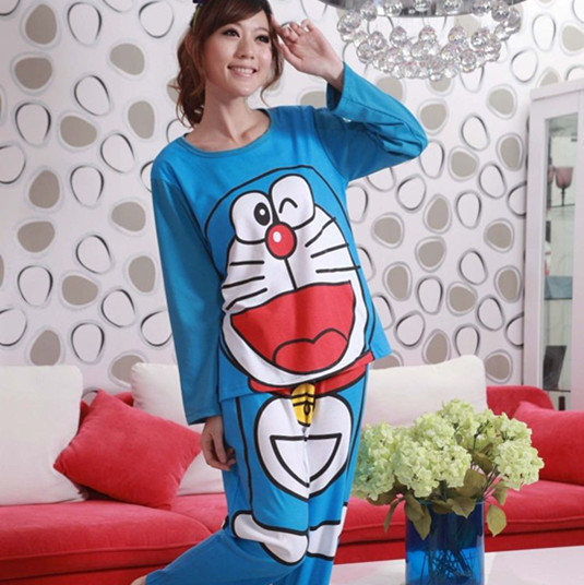 Women's 100% cotton long-sleeve sleepwear cartoon one piece DORAEMON women's 100% cotton lounge set