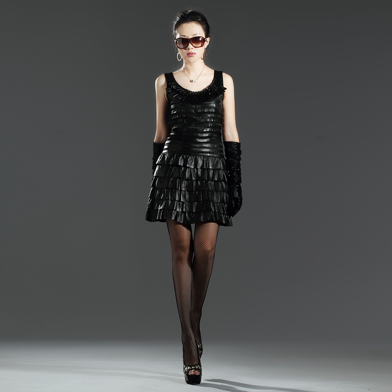 Women's 2012 autumn black sleeveless spaghetti strap cake style basic one-piece dress suede genuine leather skirt