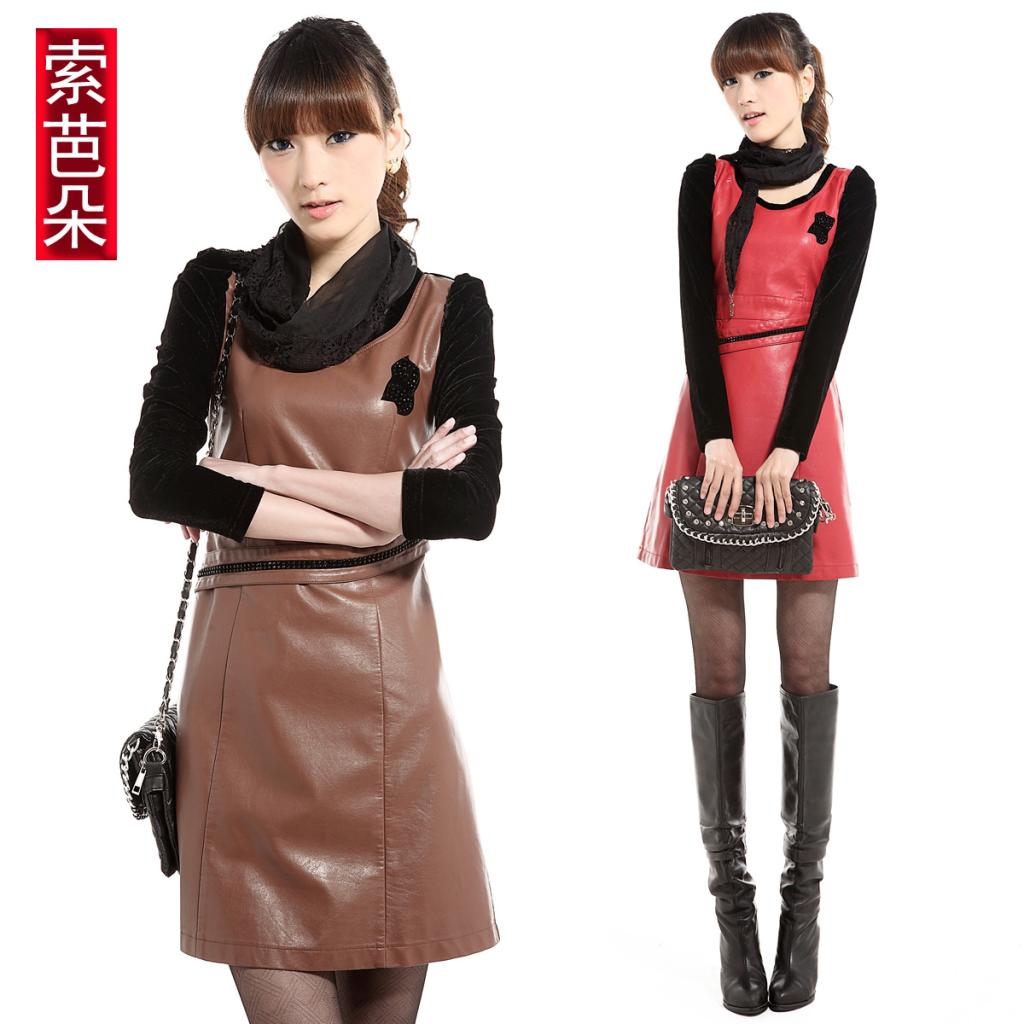 Women's 2012 autumn new arrival fashion leather clothing long-sleeve autumn one-piece dress PU skirt 827