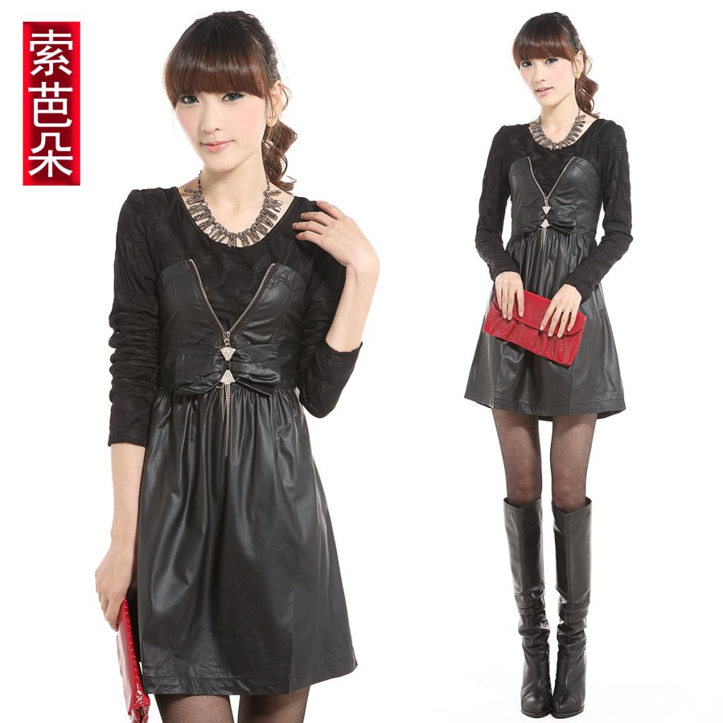 Women's 2012 autumn new arrival leather clothing bow PU skirt long-sleeve autumn one-piece dress