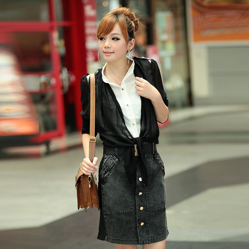 Women's 2012 autumn vintage leather mosaic denim skirt short skirt