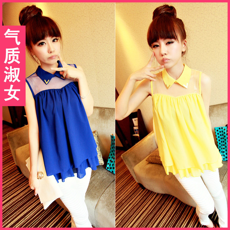 Women's 2012 fashion metal peaked collar yarn double layer loose chiffon shirt a299 autumn