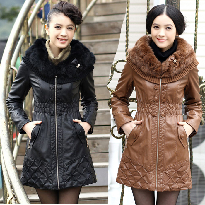 Women's 2012 leather clothing medium-long slim fur collar thickening PU plus cotton leather clothing outerwear plus size