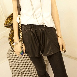 Women's 2012 new arrival summer all-match elastic waist black short design faux leather pants shorts