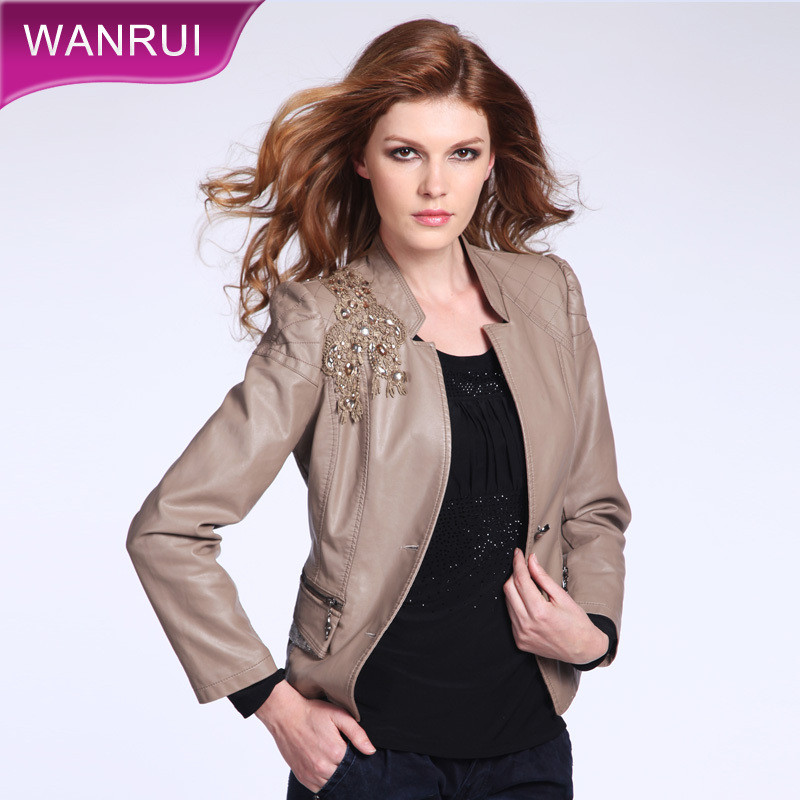 Women's 2012 spring and autumn fashion lace beaded stand collar slim women's leather clothing short jacket wr-112