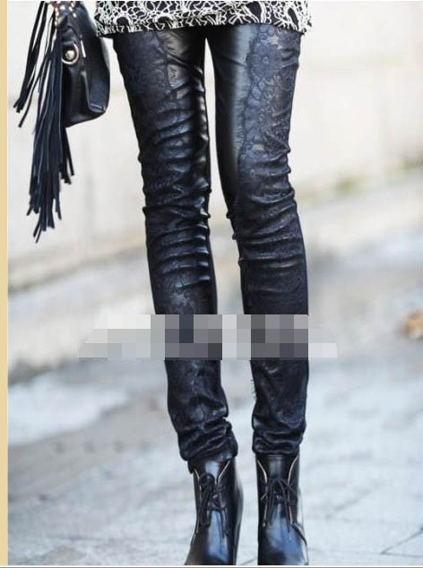 Women's 2012 spring and autumn lace patchwork legging lace bordered basic leather pants faux leather legging