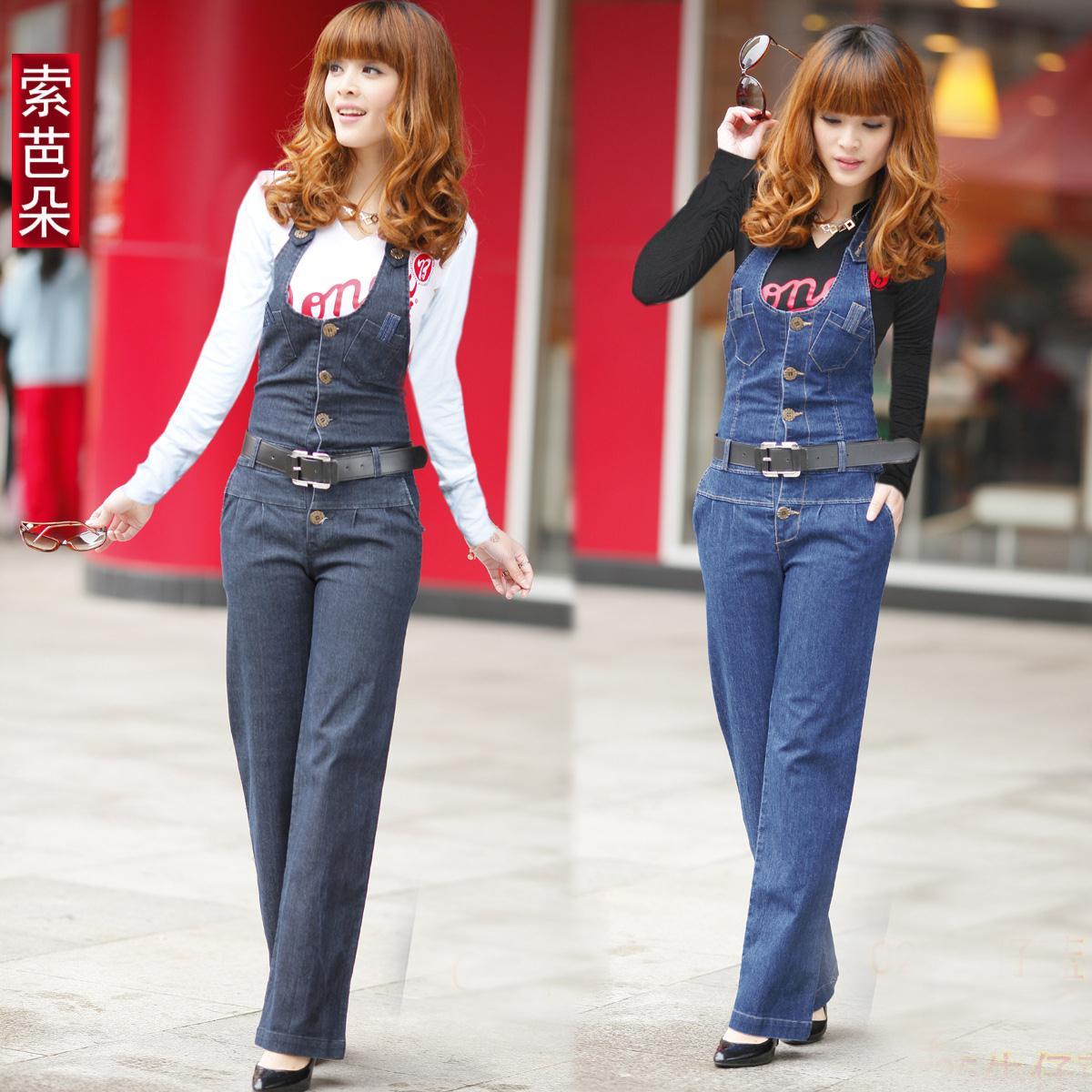 Women's 2012 spring trousers straight pants jeans denim bib pants