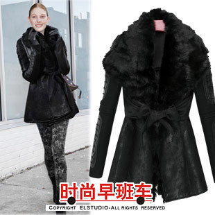 Women's 2012 winter fashion large fur collar belt patchwork medium-long cotton-padded jacket wadded jacket outerwear jk668