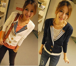 women's 2013 autumn and winter stripe slim short coat design free shipping blue/white