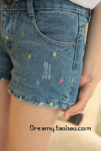 Women's 2013 embroidery multicolour polka dot denim shorts hot trousers female