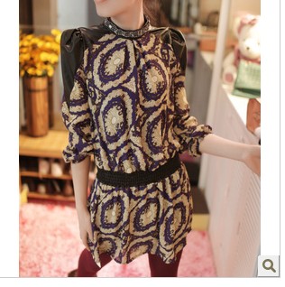 Women's 2013 spring collar diamond slim leather patchwork chiffon one-piece dress female 7820