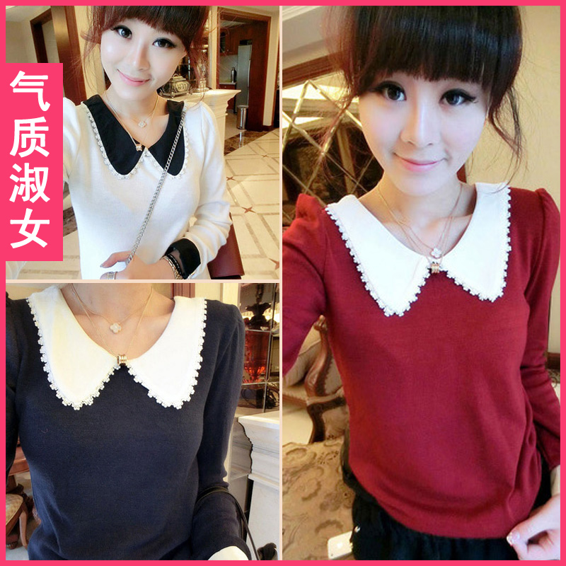 Women's 2013 spring crochet patchwork color block cuff peter pan collar knitted top h863