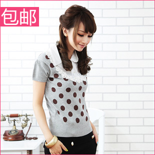 Women's 2013 spring dot laciness short-sleeve faux two piece sweater basic shirt