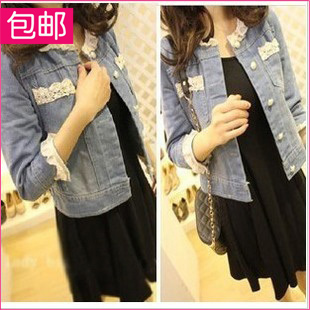 Women's 2013 spring empty thread ruffle lace three quarter sleeve patchwork denim short design outerwear