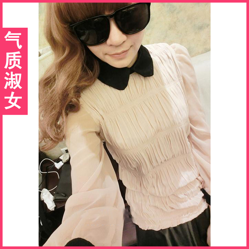 Women's 2013 spring lantern sleeve chiffon pleated black peter pan collar shirt v703 cute