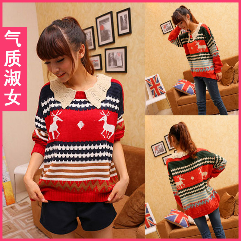 Women's 2013 spring new arrival wave peter pan collar patchwork stripe loose onta thick loose sweater h845