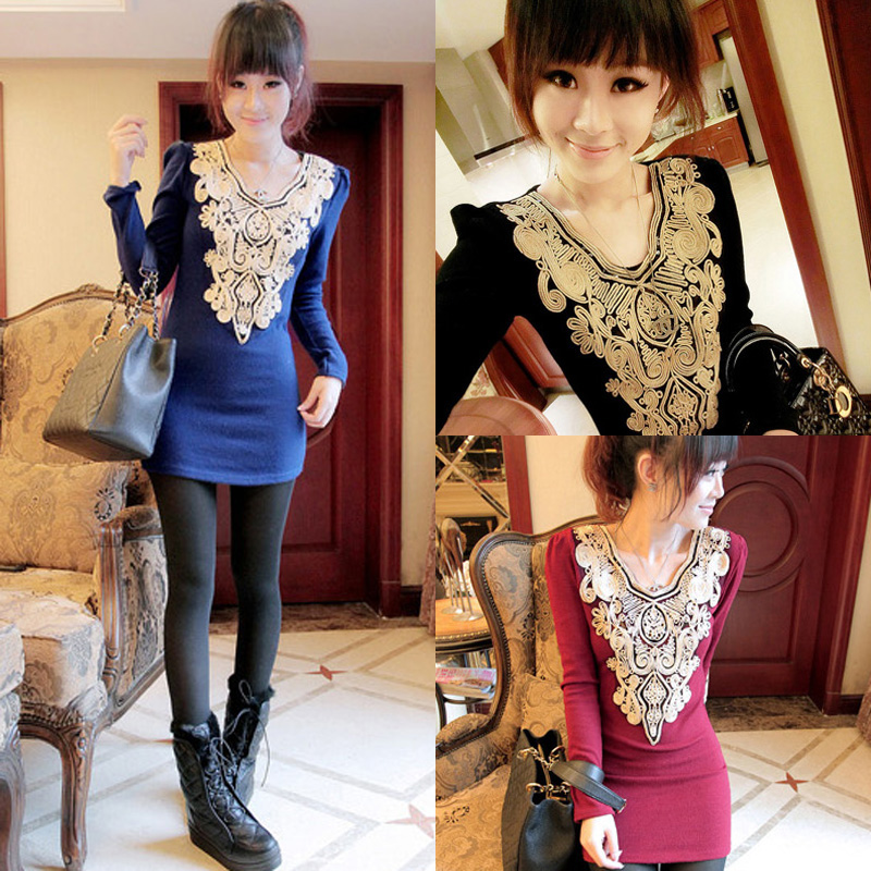 Women's 2013 spring vintage paillette disk flowers shoulder pads slim basic knitted long-sleeve shirt female