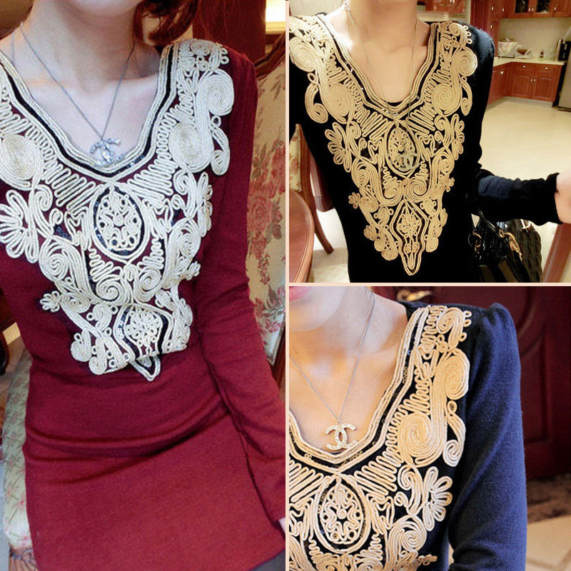 Women's 2013 spring vintage paillette disk flowers shoulder pads slim knitted basic shirt