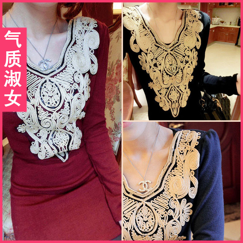 Women's 2013 spring vintage paillette disk flowers shoulder pads slim knitted basic shirt female long-sleeve h865