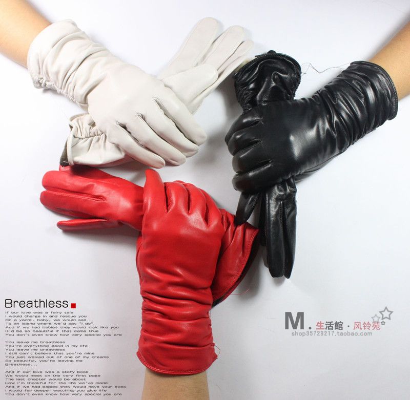 Women's 28cm pleated lengthen leather gloves female thermal sheepskin gloves medium-long genuine leather gloves