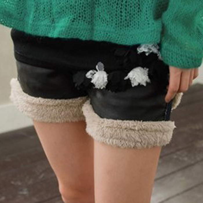 Women's all-match berber fleece PU patchwork denim shorts boot cut jeans y