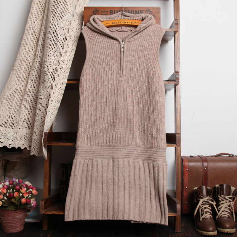 Women's all-match with a hood pullover long design knitted yarn vest one-piece dress m162-124