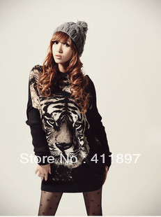 women's animal print tiger knitted sweater+Batwing long sleeve+punk fashion loose cacual style winter autumn free shipping