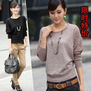 Women's autumn 2012 batwing sleeve sweater lace cutout o-neck sweater batwing shirt outerwear