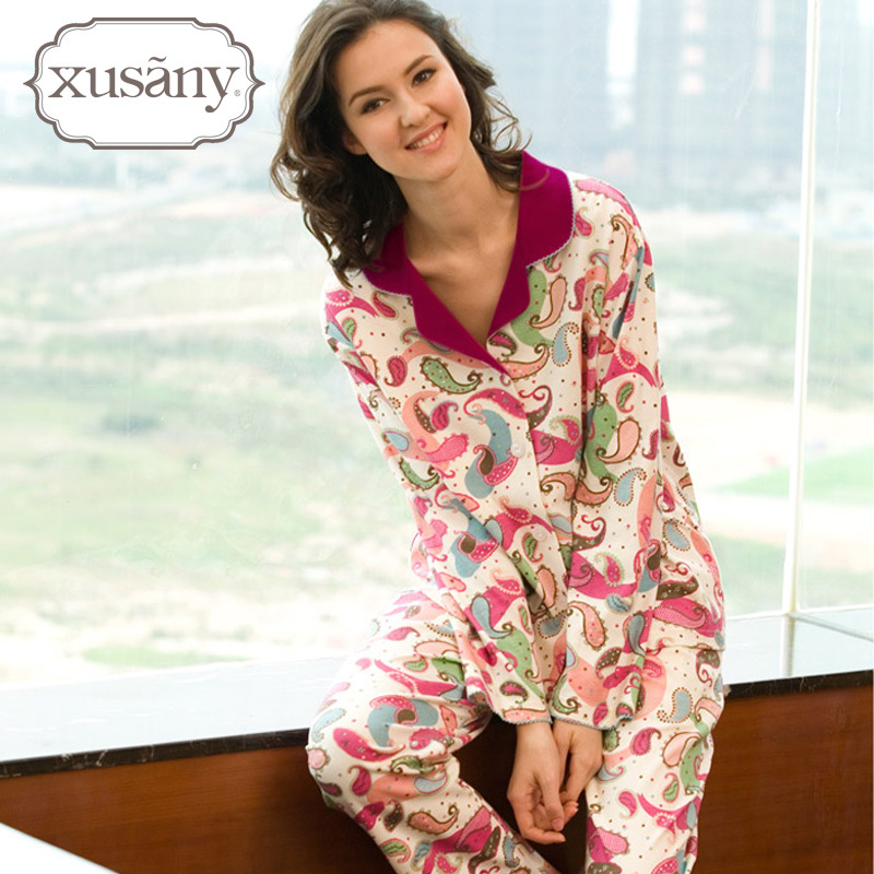 Women's autumn and winter 100% cotton multi-colored turn-down collar long-sleeve double-breasted sleepwear 100% cotton set