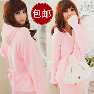 Women's autumn and winter 100% cotton thickening coral fleece long-sleeve with a hood cartoon rascal rabbit sleep set