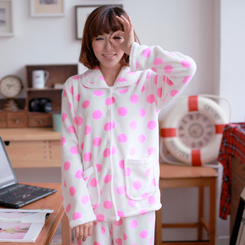 Women's autumn and winter coral fleece polka dot long-sleeve sleepwear twinset set casual lounge set