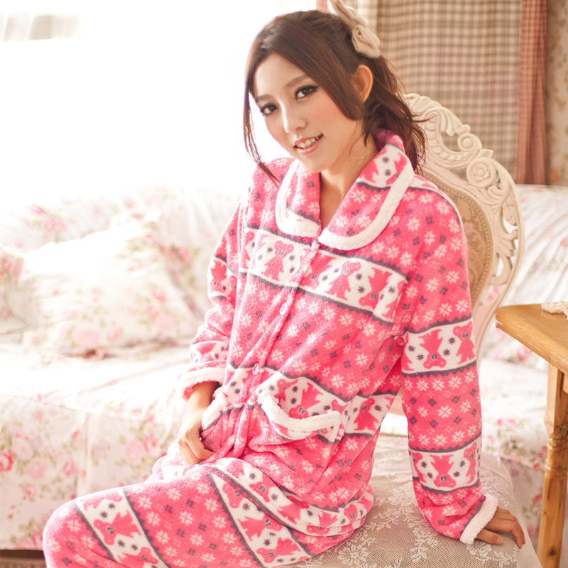 Women's autumn and winter coral fleece sleepwear twinset long sleeve length pants lounge set lovely cardigan sleepwear