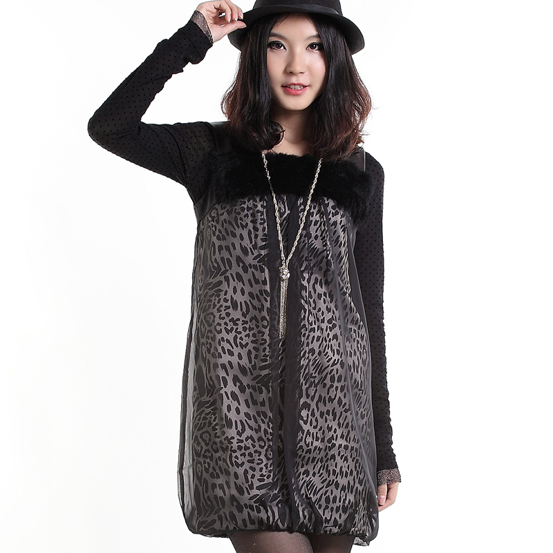 Women's autumn and winter leopard print leather spaghetti strap tencel rabbit fur basic loose one-piece dress lyq