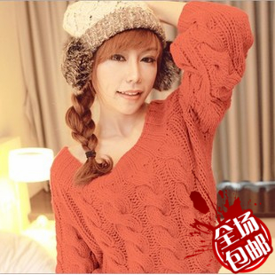 Women's autumn and winter o-neck twisted vintage batwing sleeve short design long-sleeve thick sweater