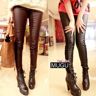 Women's autumn and winter personality PU artificial leather patchwork legging tight flexible all-match leather trousers