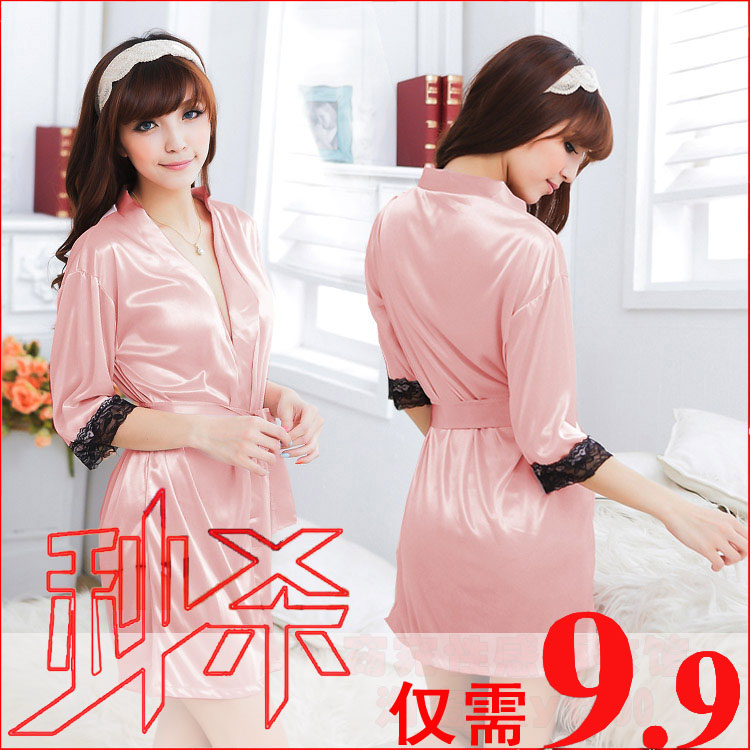 Women's autumn and winter sexy sleepwear faux silk transparent robe bathrobes nightgown lace underwear set temptation