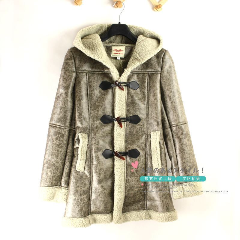 Women's autumn and winter sweet horn button suede fabric wadded jacket with a hood slim waist berber fleece outerwear