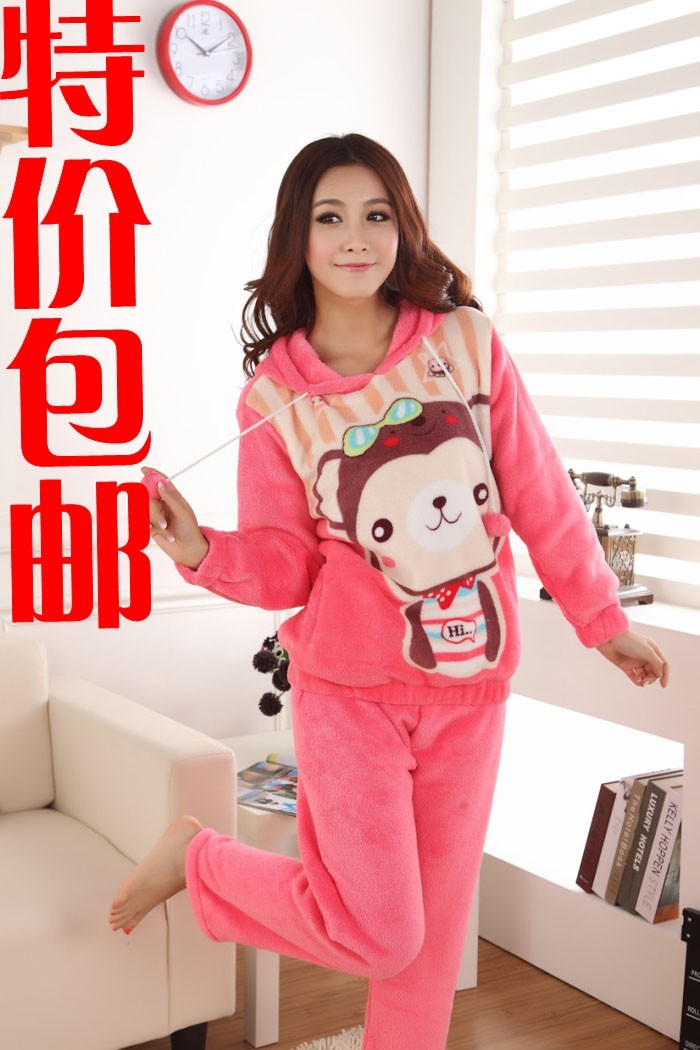 Women's autumn and winter thickening hiphop monkey coral fleece sleepwear twinset sleepwear dress set lounge