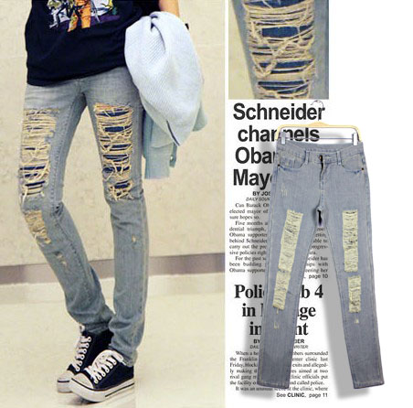 Women's autumn casual fashion personality water wash wearing white hole denim trousers 9810