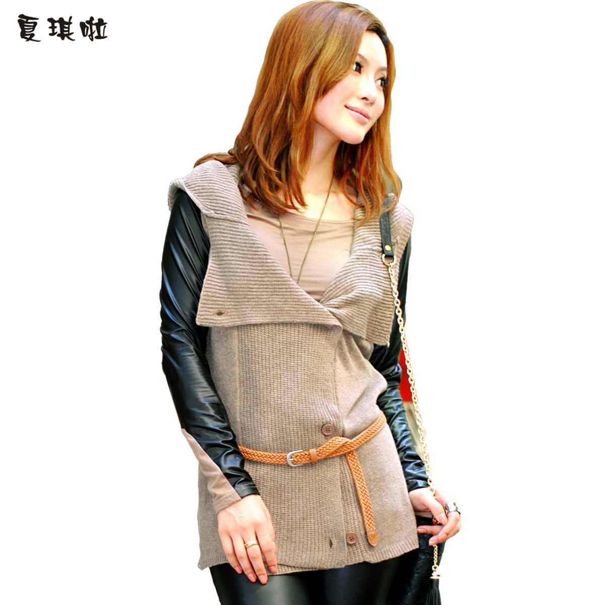 Women's autumn casual large lapel hooded sweater cardigan sweater vest female