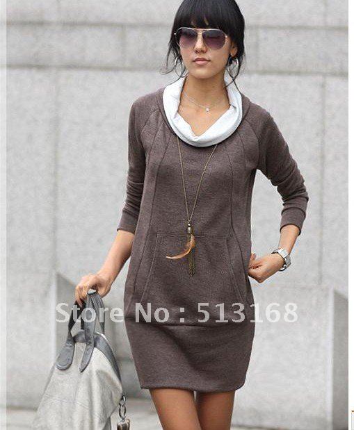 Women's Autumn color block collar one-piece hoodies sweater dress 4 colors free shipping