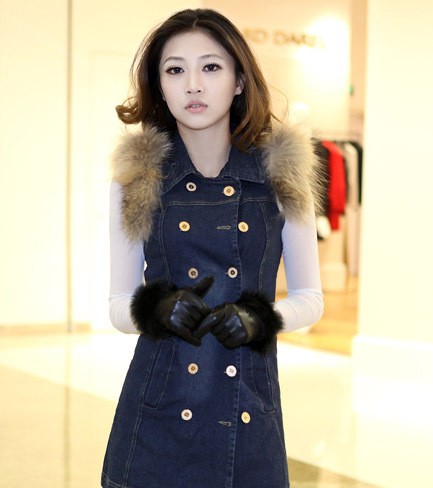 Women's autumn fashion women's medium-long PU large fur collar denim vest outerwear top