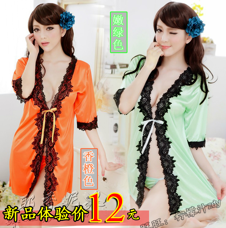 Women's autumn faux silk temptation cardigan robe bathrobes twinset lace bordered translucent sexy sleepwear