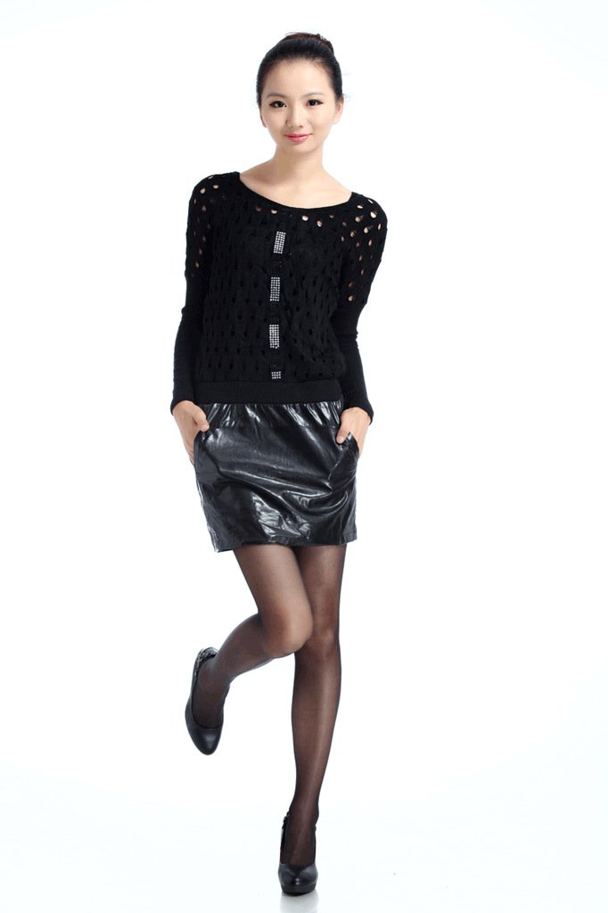 Women's autumn faux two piece knitted long-sleeve dress autumn one-piece dress leather skirt