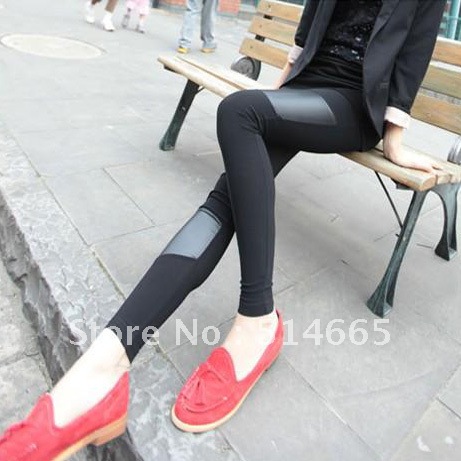 Women's autumn milk, silk asymmetrical leather patchwork ankle length trousers legging pants