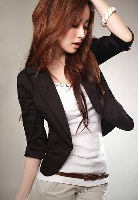 Women's Autumn Stylish Lapel Collar Button Embellished Half Sleeves Tunic Coat White/Black K09071203(US)