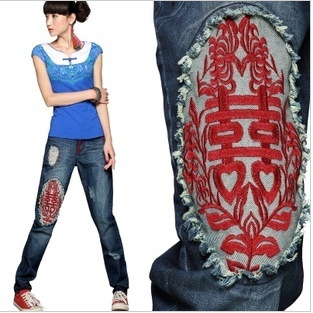 Women's autumn whisker wearing white embroidered 100% cotton jeans trousers female